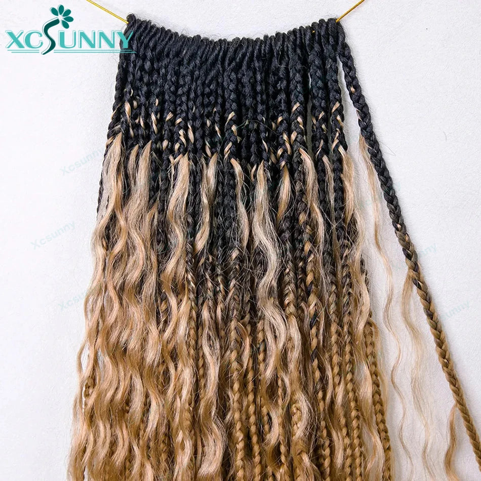Ombre Crochet Boho Box Braids With Human Hair Curls Pre Looped Color 1b 4  1b 27 Crochet Box Braids Human Hair With Curly End