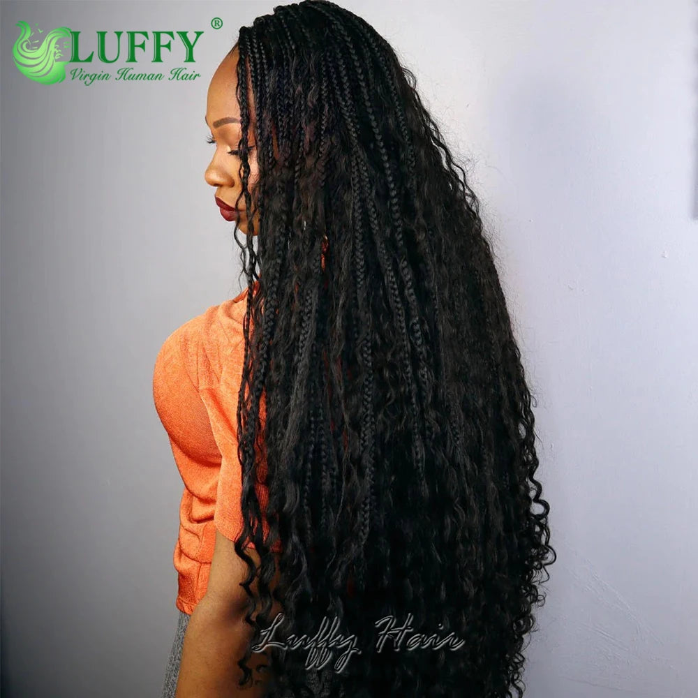Braided Wigs 100% Human Hair Full Lace Wigs Knotless Boho Box Braids 300 Density Wig Curly Human Hair Pre Plucked with Baby Hair