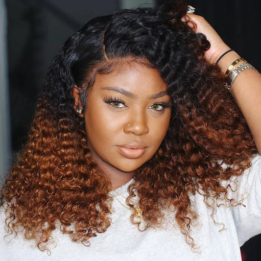 1B 30 Short Bob Kinky Curly Human Hair Wigs 13x4 Transparent Lace Frontal Wig Ombre Brown Colored 250% Density Brazilian Wigs