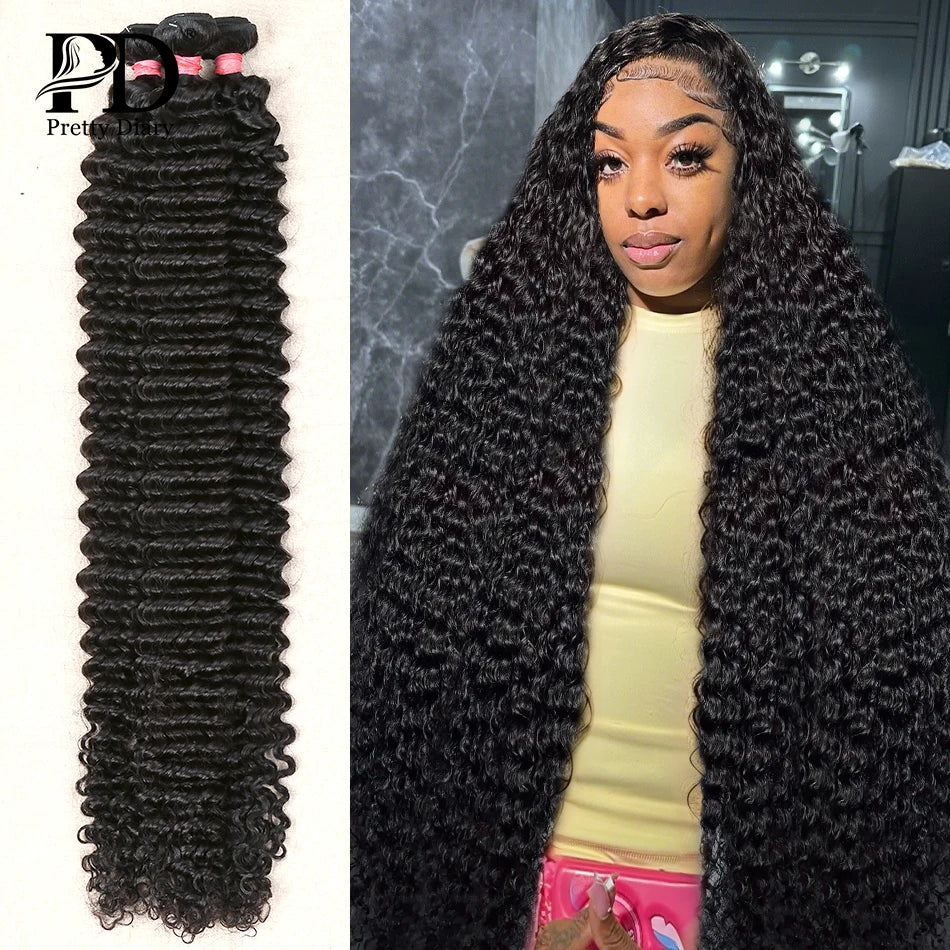 PD 30 32 36 40 Inch Deep Wave Human Hair Bundles Brazilian Remy Unprocessed Weaving Curly Hair Bundles Weave Extensions Deals
