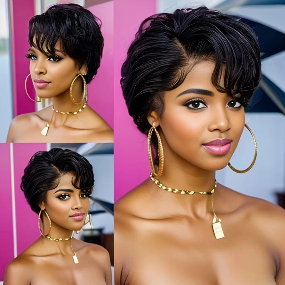 Ombre #1B Brown Short Pixie Cut Wigs For Women Human Hair 200% Straight Chocolate brown Lace Front Bob Wig Brazilian Remy Hair