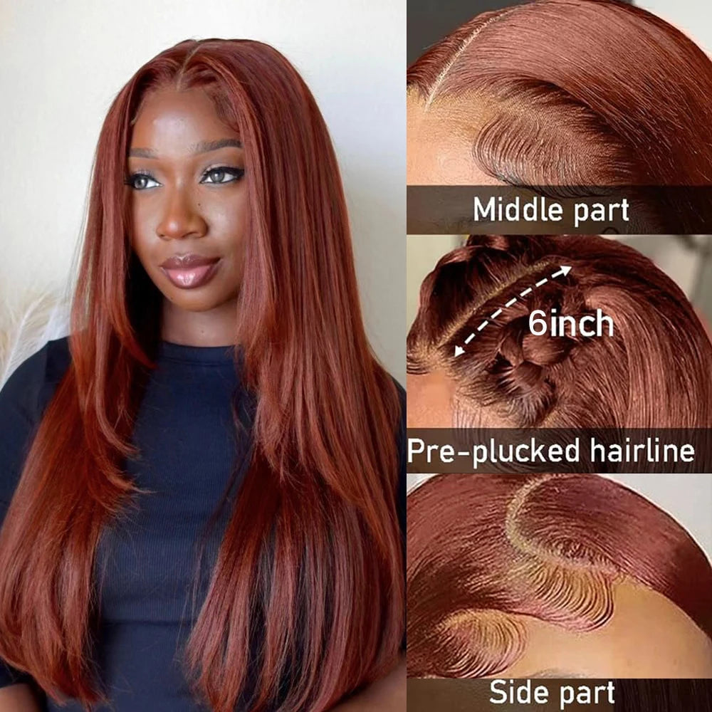 Reddish Brown Layered Lace Front Wig 13X6 Copper Red Straight Lace Front Wigs For Women Synthetic Glueless Heat Resistant Wigs