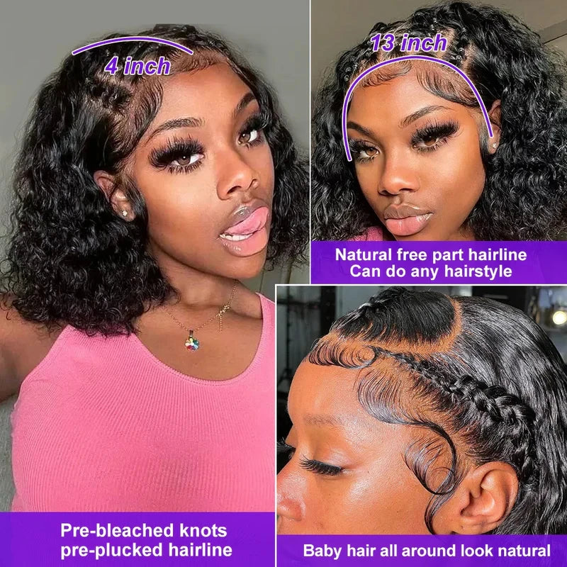 Deep Wave 13x4 Lace Frontal Bob Wig 200% Density Brazilian Pre Plucked 100% Human Hair Wigs #1B Water Wave Invisible Lace Wigs