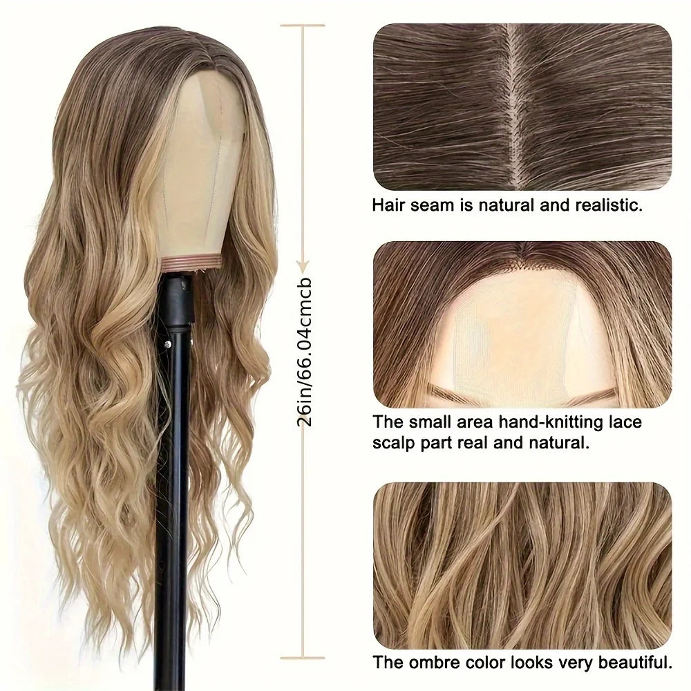 26 Inch Long Ash Blonde Wig for Women Ombre Blonde Highlight Wigs Middle Part Synthetic Lace Wig for Daily Cosplay Party Use