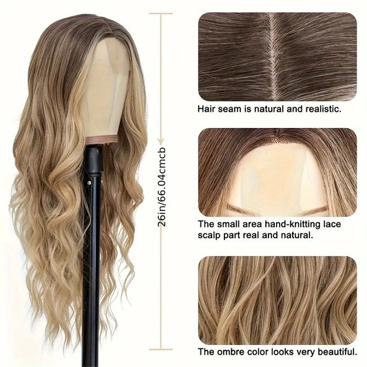 26 Inch Long Ash Blonde Wig for Women Ombre Blonde Highlight Wigs Middle Part Synthetic Lace Wig for Daily Cosplay Party Use