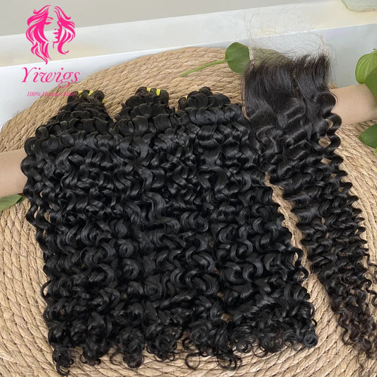Yiwigs 12A Grade Double Drawn Deep Curly 100% Raw Virgin Human Hair Bundles With 4x4 Real HD Lace Closure Hair Weave Extensions