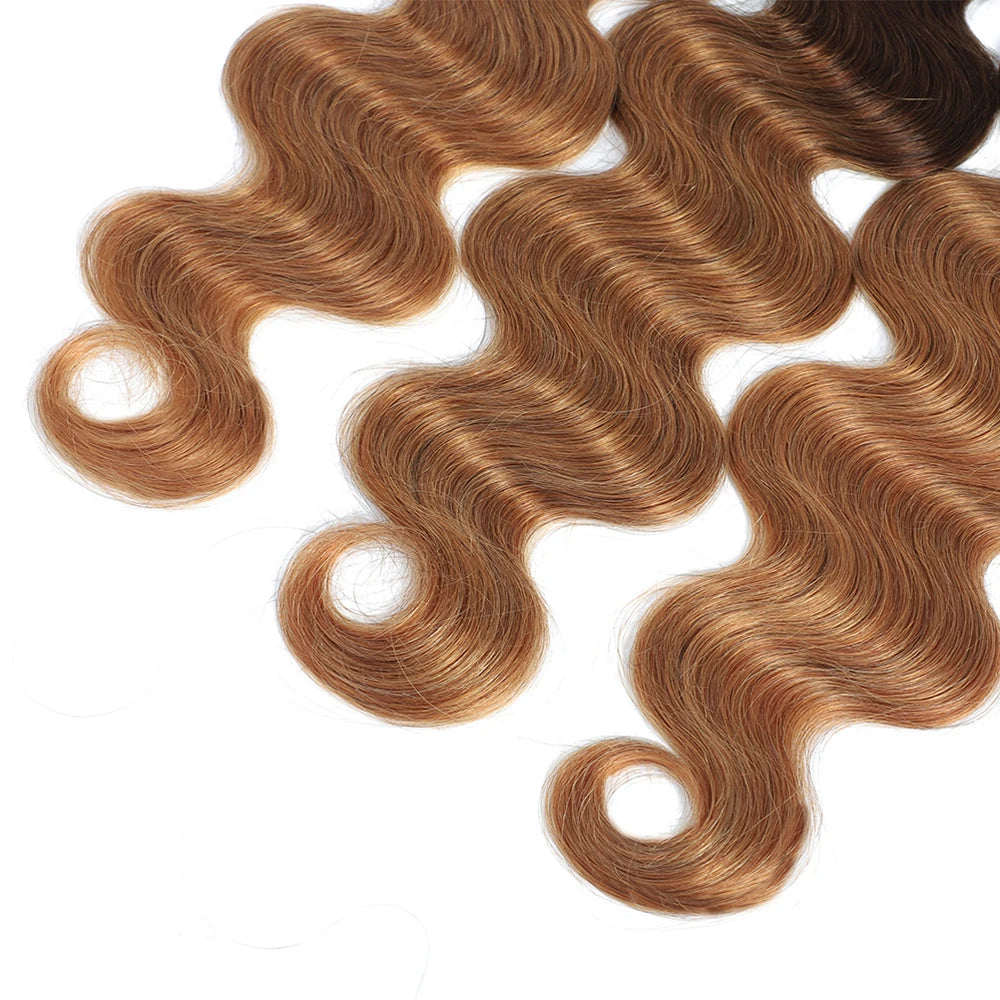 Ombre Human Hair Bundles With Closure Body Wave 100% Unprocessed Virgin Hair Brown Blonde Colored 3/4 Bundles With Closure