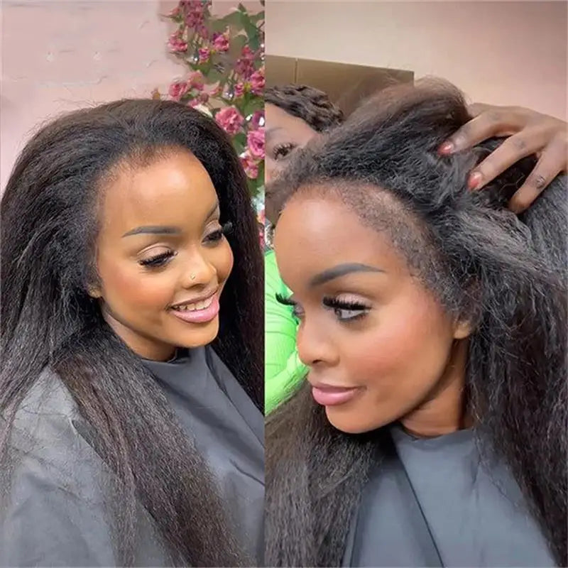 Kinky Straight Human Hair Wig 13X4 Kinky Straight Wig Human Hair  PrePlucked With Baby Hair Yaki Straight Lace Front Wigs