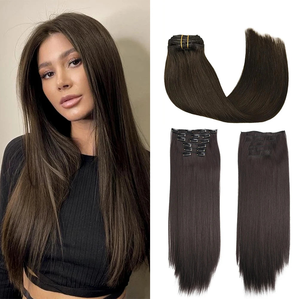 Clip in Hair Extensions Synthetic 24Inch Long Invisible Natural Straight 6 PCS Thick Seamless Clip on Hair Extensions for Women