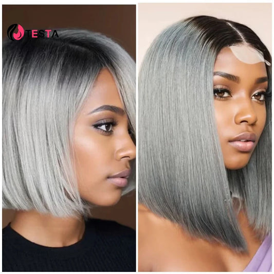 Super Double Drawn Bone Straight Human Hairs Wig Omber 1B/grey Bob Wig 2*4 Lace Wig  Extension Middle Part Kim Closure Wigs 300%