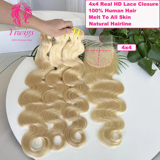 Yiwigs 12A Grade 613 Blonde Colored Body Wave 100% Human Hair Bundles With 4x4 Real HD Lace Closure Hair Weave Extensions Thick