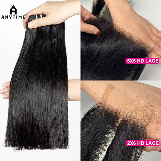 16A Vietnamese Virgin Hair Double Drawn Bone Straight Hair Bundles with 2x6/5x5 HD Lace Closure 100% Raw Human Hair Bundles