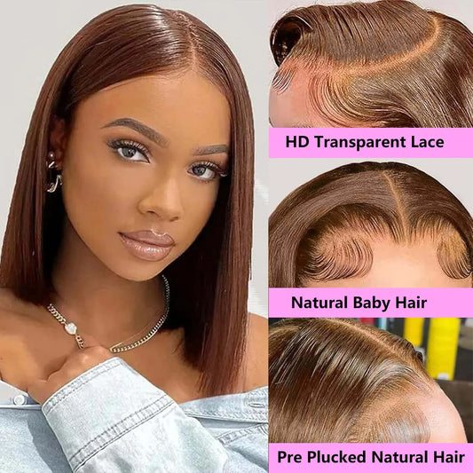 Straight Bob Wig Human Hair Color #4 Chocolate Brown HD Lace Front Wig 13x4 Lace Front Wigs Human Hair Pre Plucked 200% Density