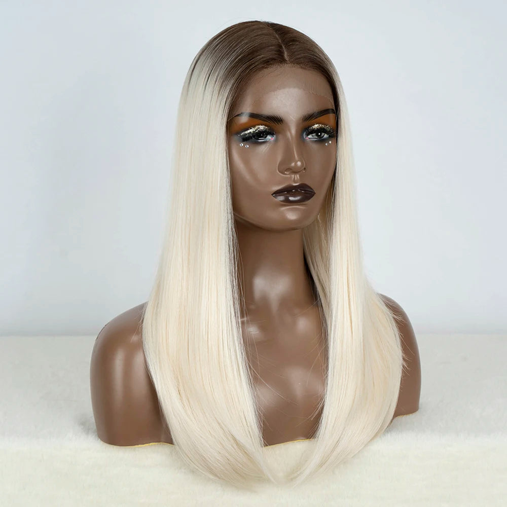 Synthetic Lace Front Wig Straight Baby Hair Bob Wig Bown Black Blonde Hair Wig 22"Cosplay Wig For Women Heat Resistant Wig