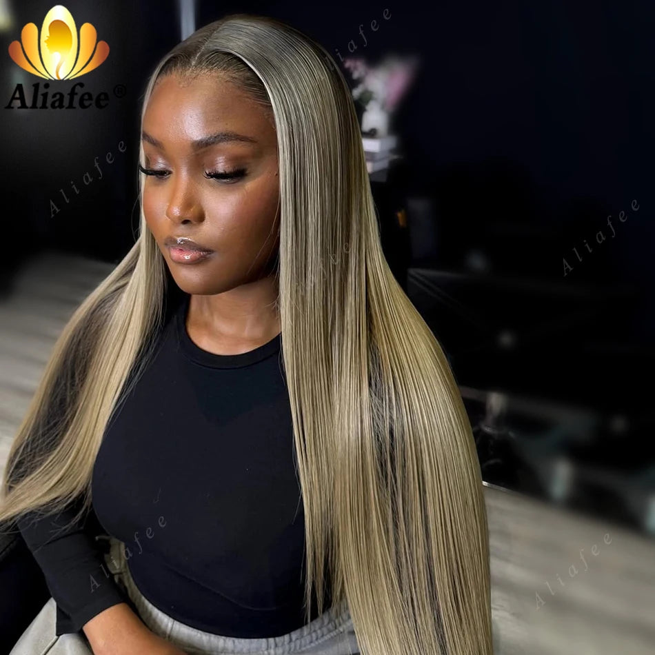 Ombre Dirty Blonde Straight Lace Frontal Wig 13x6 Human Hair Wigs Ash Blonde with Dark Roots 13x4 Lace Front Wigs for Women