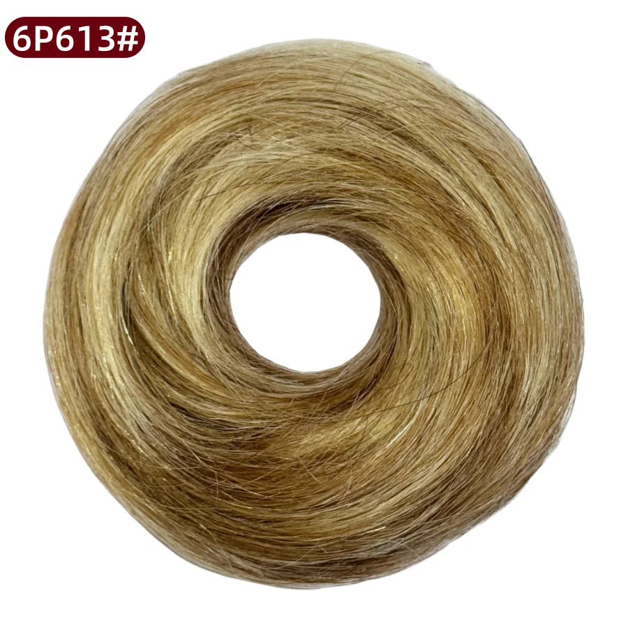 Messy Bun Hair Piece Human Hair Natural Black Wavy Tousled Stretchy Fluffy Donut Updo Elegant Chignon with Elastic Rubber Band