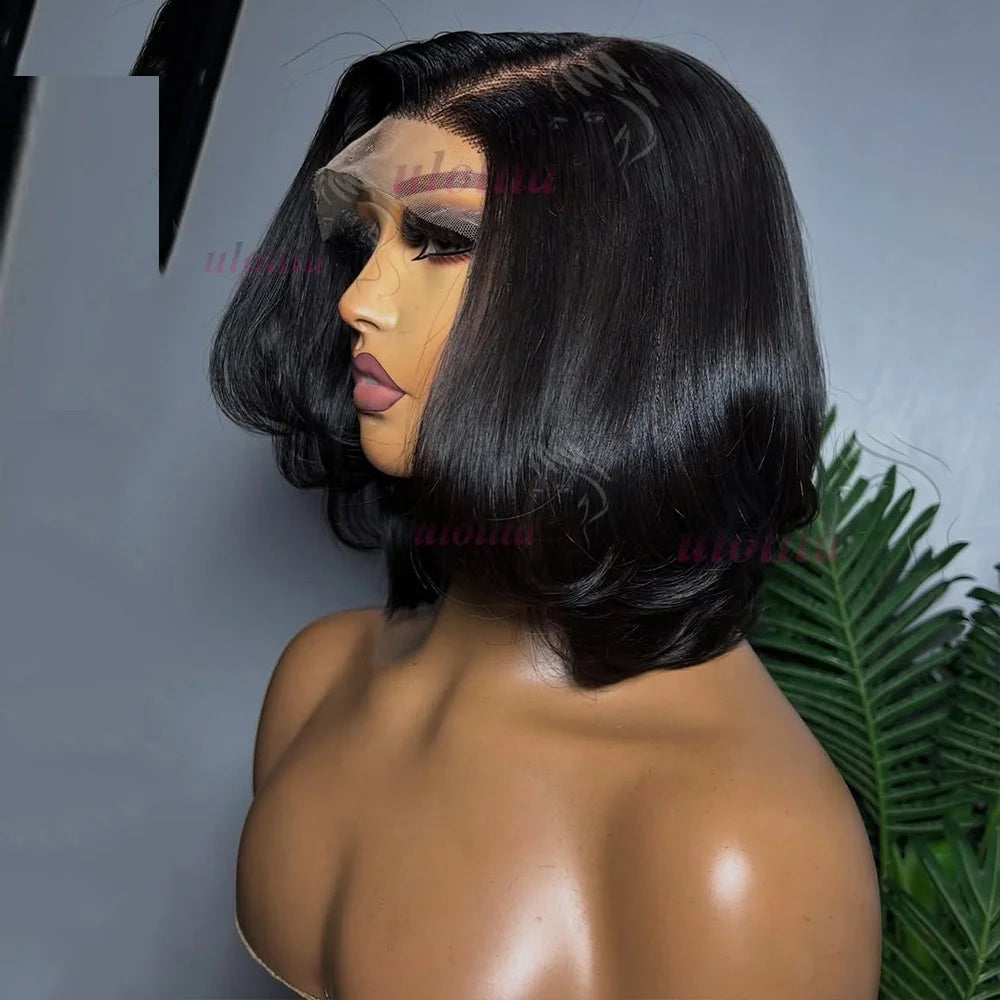 Short straightBob Wigs 13x4 HD Lace Closure Wig Blunt Cut with face framing layers Glueless Human Hair Ombre Chocolate brown wig