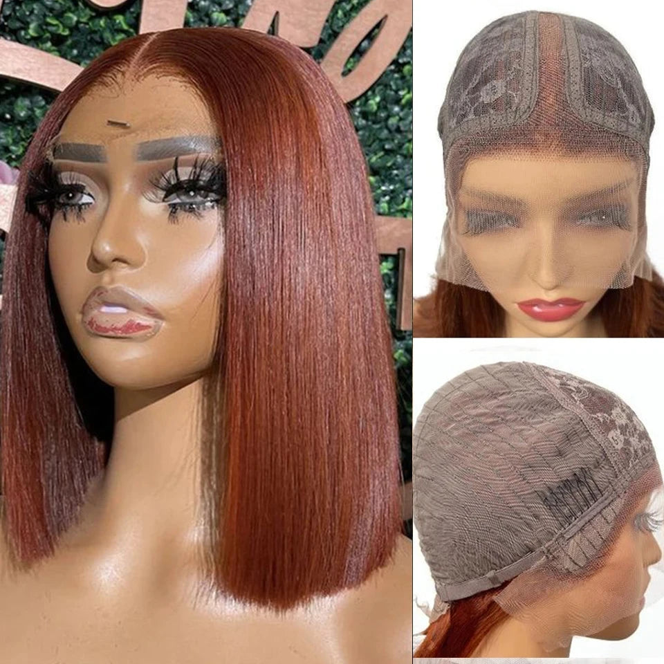 Rebecca Short Brown Color Bob Wig Peruvian Straight Lace Front Human Hair Wigs For Women 33 Reddish Brown 13*6*1 T Lace Part Wig