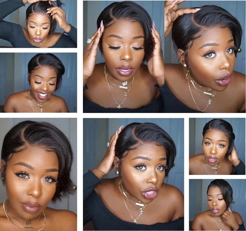 Ombre #1B Brown Short Pixie Cut Wigs For Women Human Hair 200% Straight Chocolate brown Lace Front Bob Wig Brazilian Remy Hair