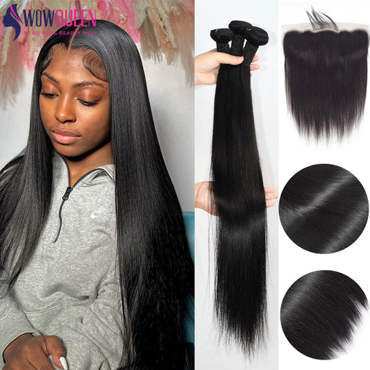 Straight Human Hair Bundles with 13x4 Transparent Lace Frontal Closure And Bundle 100% Human Hair Weave 3/4 Bundles Deal