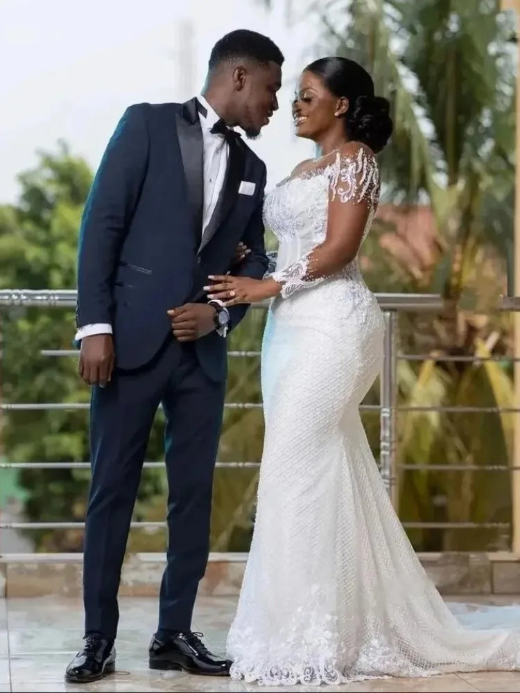 African Mermaid Wedding Dresses Elegant Sheer Long Sleeves Bridal Gowns O-neck Applique Second Reception Dress
