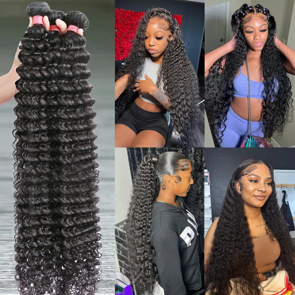 PD 30 32 36 40 Inch Deep Wave Human Hair Bundles Brazilian Remy Unprocessed Weaving Curly Hair Bundles Weave Extensions Deals