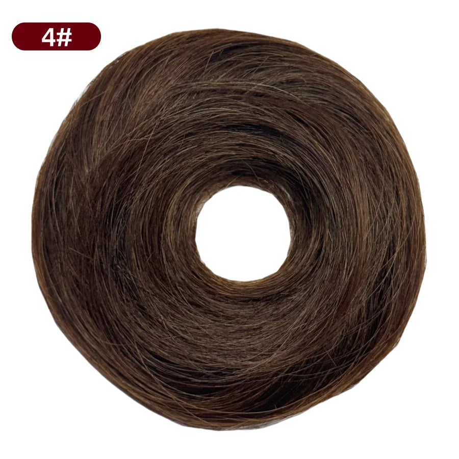 Messy Bun Hair Piece Human Hair Natural Black Wavy Tousled Stretchy Fluffy Donut Updo Elegant Chignon with Elastic Rubber Band