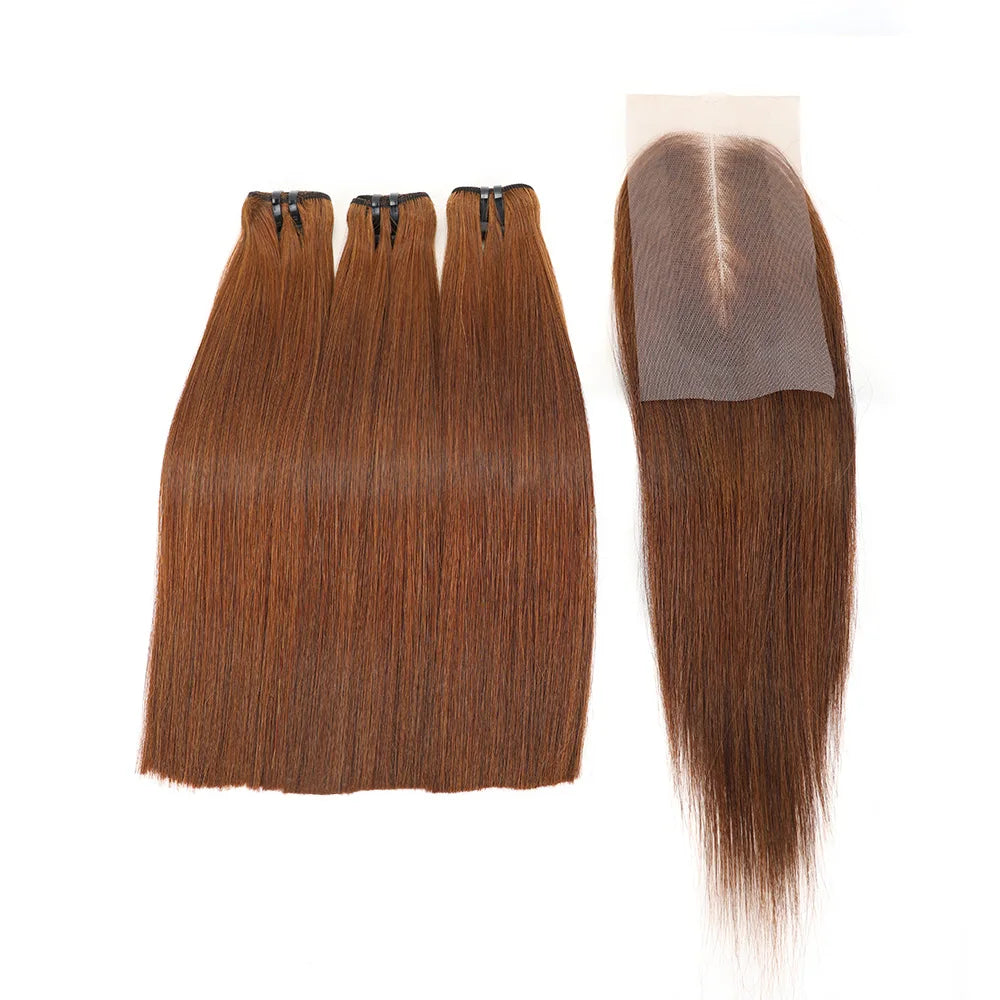 33 Brown Black Bone Straight 3 Bundles with Closure Vietnam Raw Straight Human Hair Bundles with Closure 2x6 Lace Kim K Closure