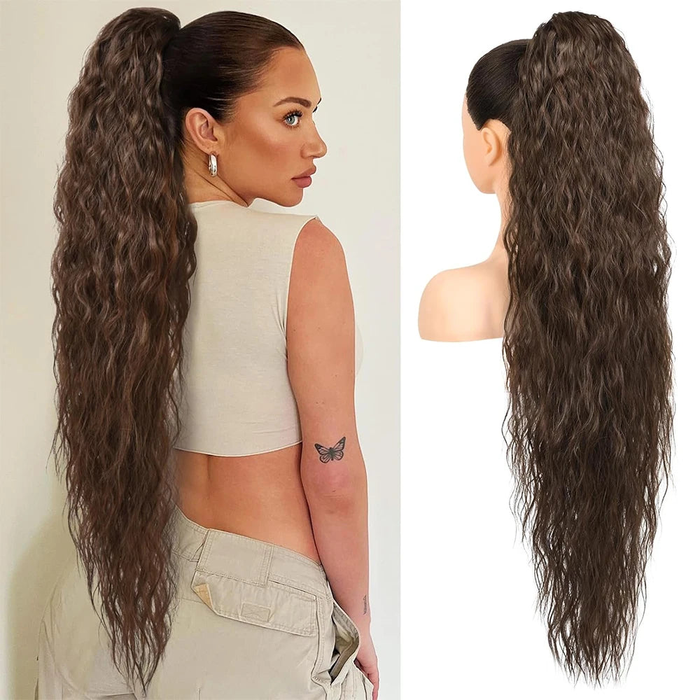 36 inch Drawstring Ponytail Extension Synthetic Black Long Lightweight Full Natural Curly Fake Tail Multi Layered Hairpiece