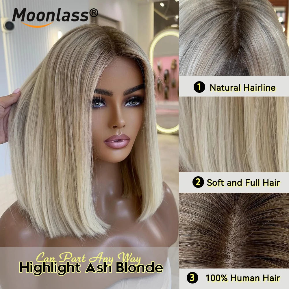 Moonlass Short Bob Cut Ash Blonde With Dark Root 100% Human Hair Wigs 220% Density Body Wave 13x4 Transparen Lace Front Wigs