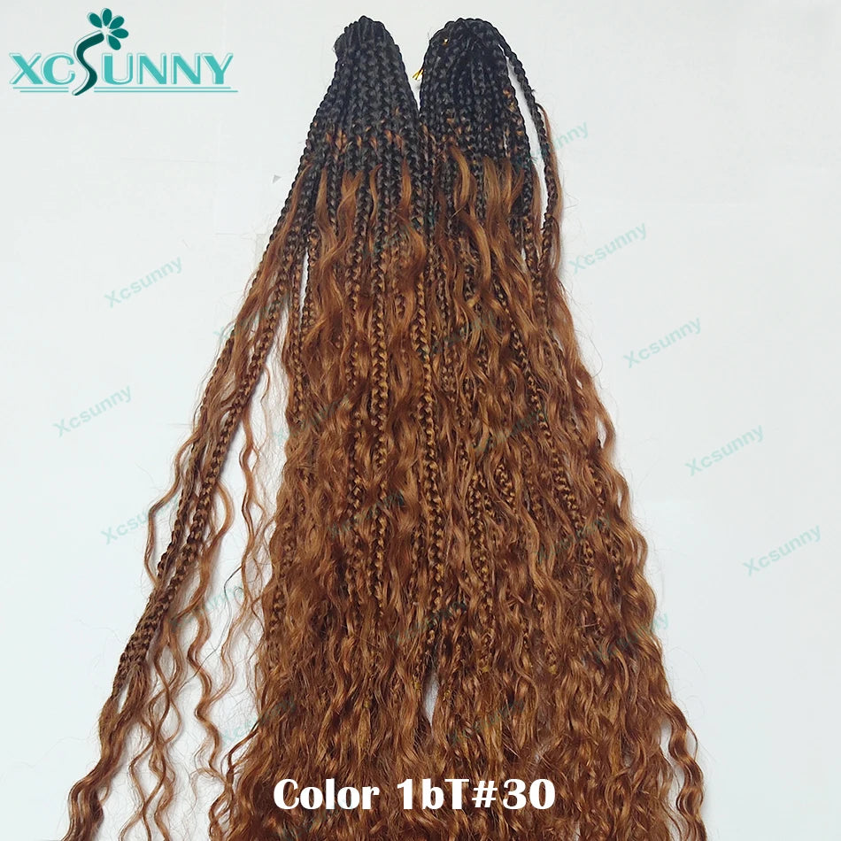 Ombre Crochet Boho Box Braids With Human Hair Curls Pre Looped Color 1b 4  1b 27 Crochet Box Braids Human Hair With Curly End