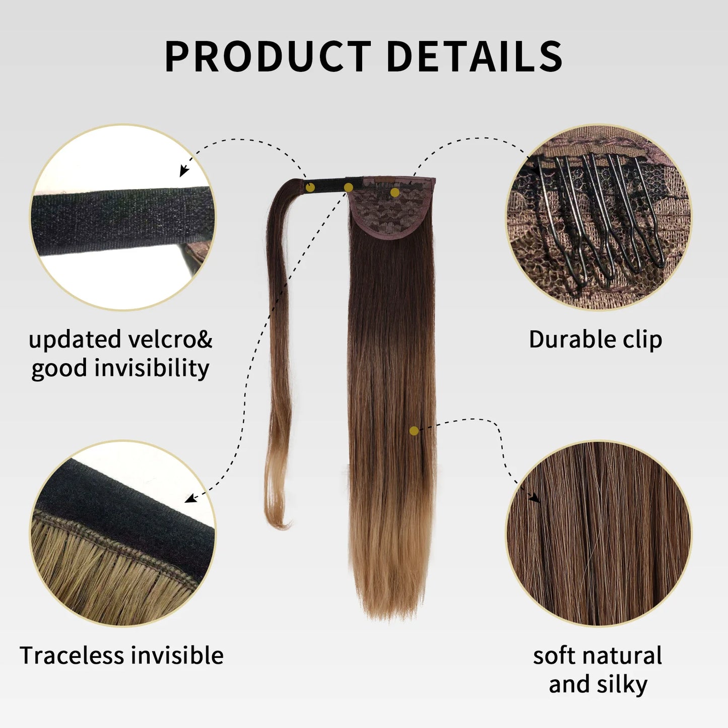 Synthetic Hair Chip-in Hair Extension Pony Tail Wig Heat-Resistant Straight Hair With Ponytail Wig 20Inch Long Black Brown Ombr3