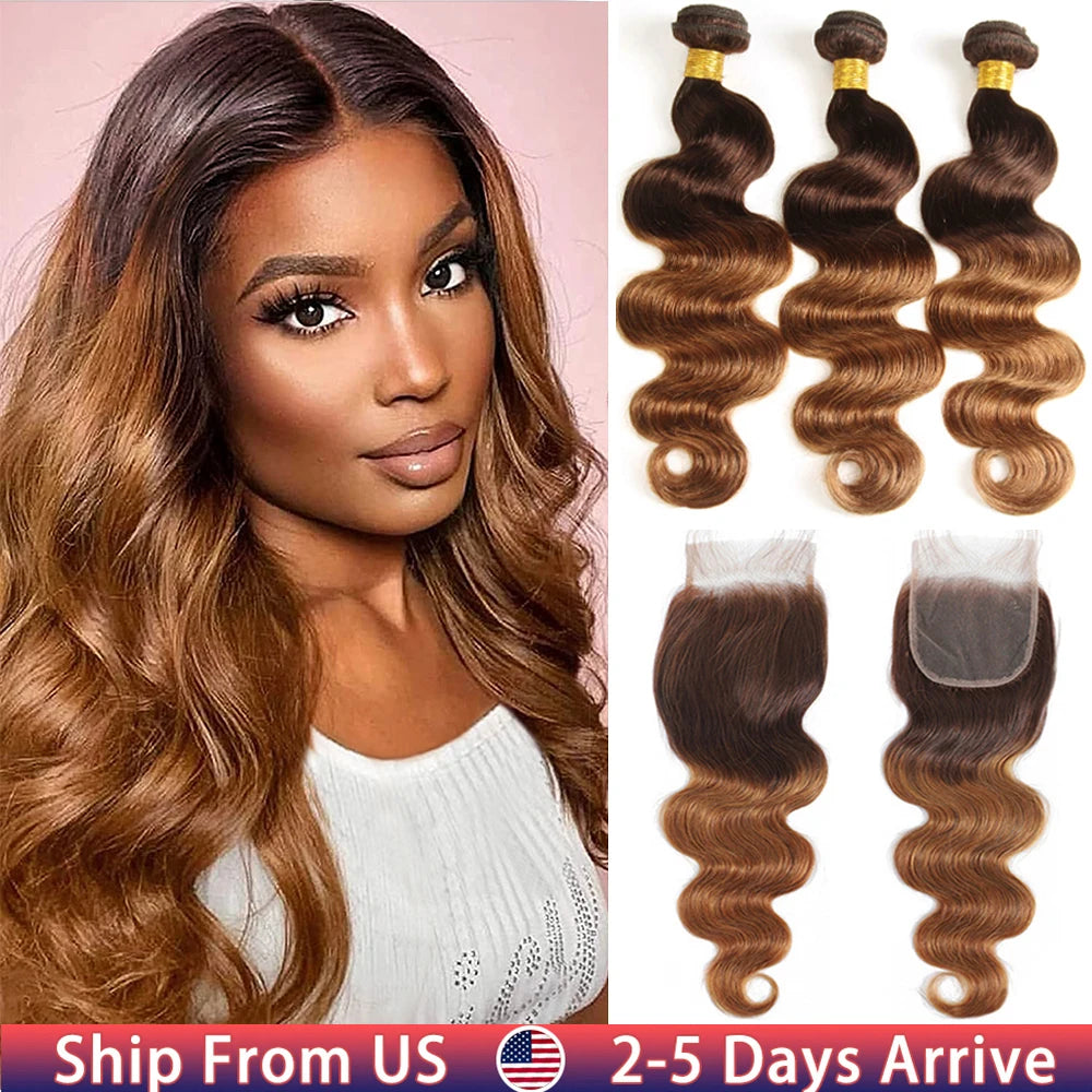 Ombre Human Hair Bundles With Closure Body Wave 100% Unprocessed Virgin Hair Brown Blonde Colored 3/4 Bundles With Closure