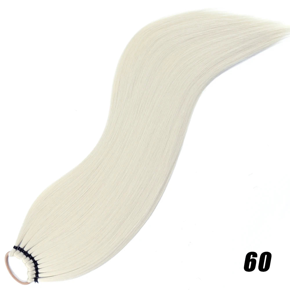 Synthetic 24Inch Ponytail Extensions Black Natural Braided Pony Tail Hairpiece Long Straight Rubber Band Hair For Women