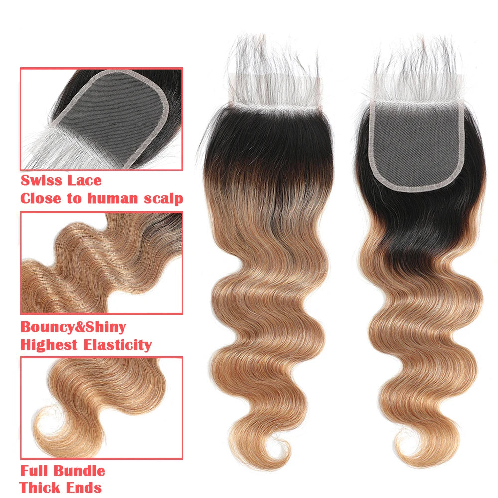Ombre Human Hair Bundles With Closure Body Wave 100% Unprocessed Virgin Hair Brown Blonde Colored 3/4 Bundles With Closure
