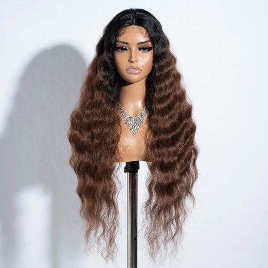 Synthetic Lace Wig Long Deep Wavy Ombre Blonde Brown Lace Wigs For Black Women Heat Resistant Cosplay Wigs