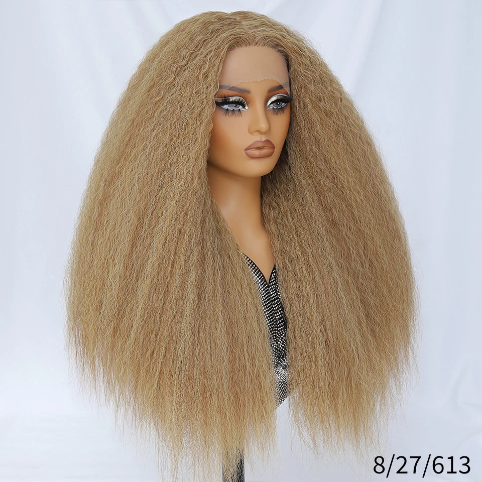 28 Inch Kinky Straight Lace Wigs Synthetic Black T Part Yaki Straight Lace Front Wigs For Women Brown Afro Wigs With Hair Line