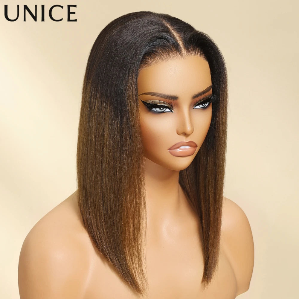 Unice Hair Chestnut Brown Yaki Straight Bob Wig 7x5 Pre Cut Pre Bleached Glueless Wig Human Hair Ready To Wear 150% Density