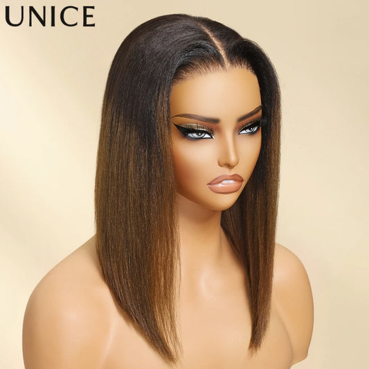 Unice Hair Chestnut Brown Yaki Straight Bob Wig 7x5 Pre Cut Pre Bleached Glueless Wig Human Hair Ready To Wear 150% Density