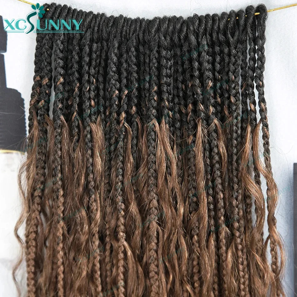 Ombre Crochet Boho Box Braids With Human Hair Curls Pre Looped Color 1b 4  1b 27 Crochet Box Braids Human Hair With Curly End