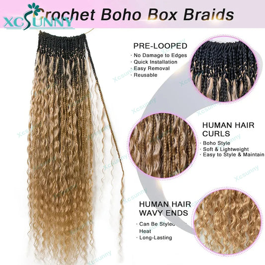 Ombre Crochet Boho Box Braids With Human Hair Curls Pre Looped Color 1b 4  1b 27 Crochet Box Braids Human Hair With Curly End