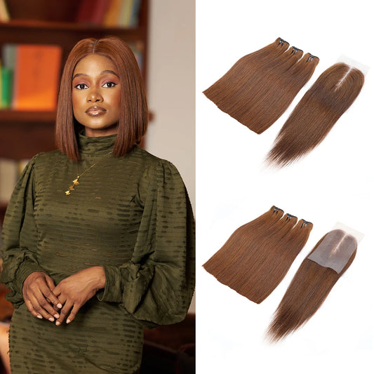 33 Brown Black Bone Straight 3 Bundles with Closure Vietnam Raw Straight Human Hair Bundles with Closure 2x6 Lace Kim K Closure