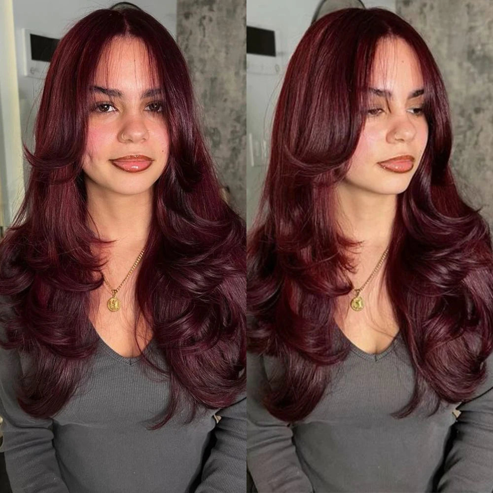 250 Density Dark Burgundy 9x6 Glueless Wigs Human Hair Ready To Wear Brazilian Colored Layer Cut Body Wave Wig Pre Cut Lace