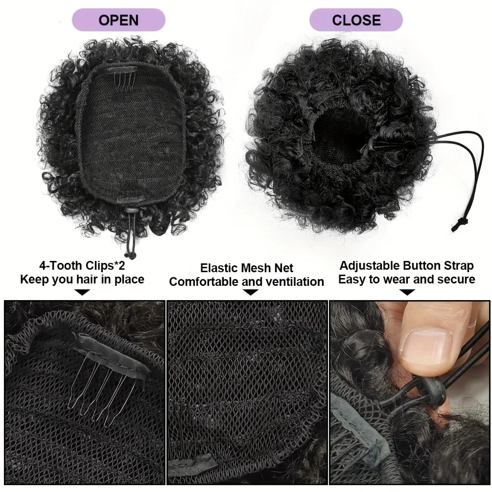 Afro Kinky Puffs 100% Human Hair Buns Ponytail 12A Brazilian Short Curly Drawstring Ponytail Extensions For Black Women