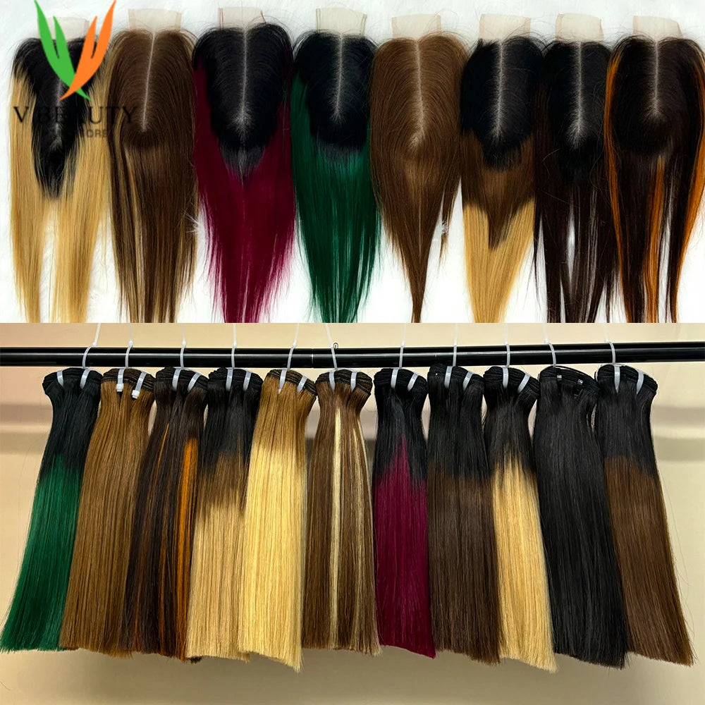 2X6 Lace Frontal Colored Vietnamese Human Hair Bundles and Closure Double Drawn Ombre Color Remy Human Hair Extensions