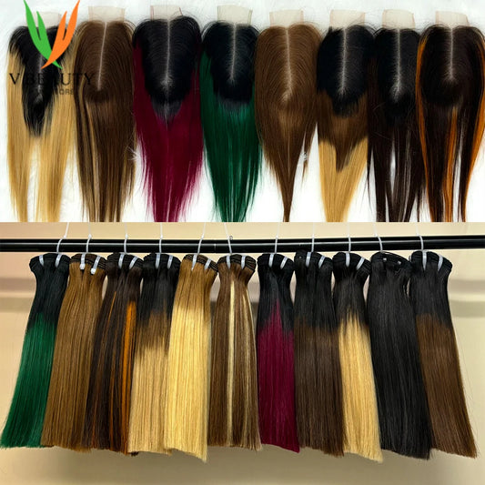 2X6 Lace Frontal Colored Vietnamese Human Hair Bundles and Closure Double Drawn Ombre Color Remy Human Hair Extensions