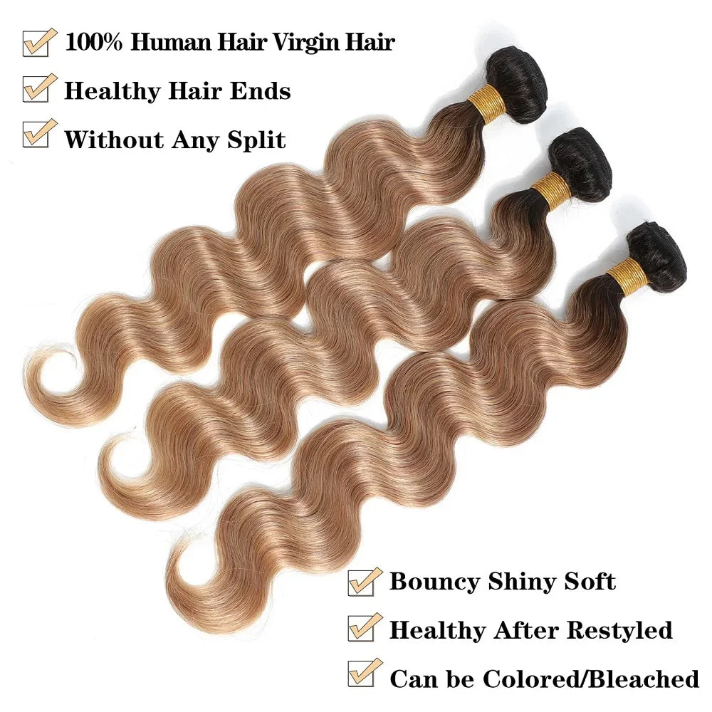 12A Body Wave Human Hair Bundles Ombre Colored 1/3/4 Bundles Human Hair 100% Unprocessed Virgin Brazilian Hair Weave Extensions