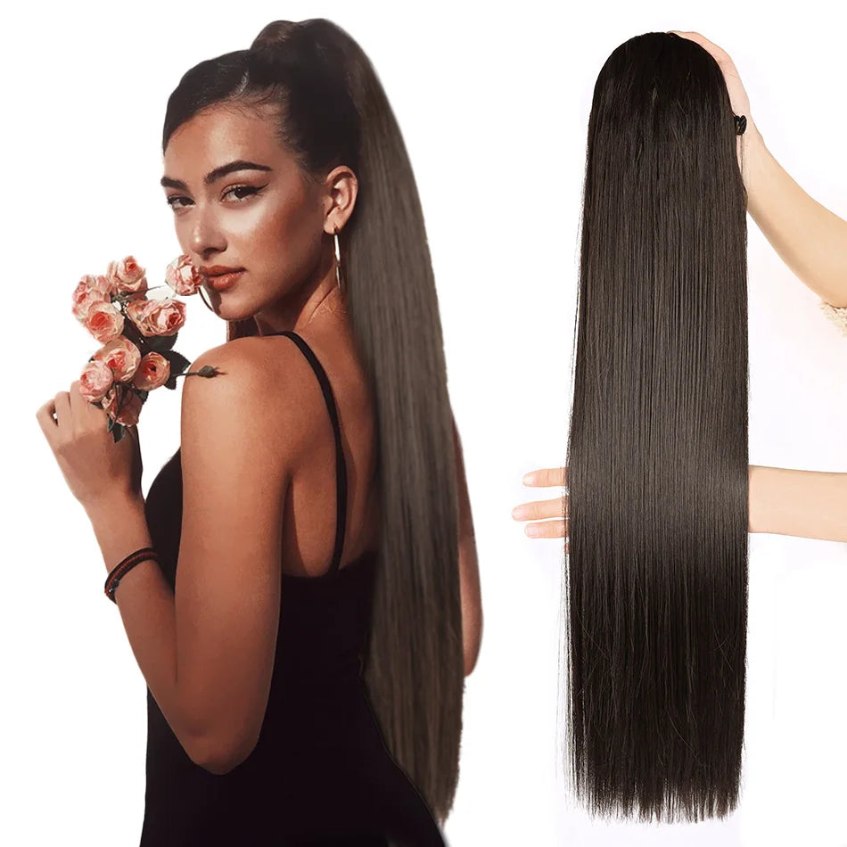 Synthetic Long Straight Ponytail Drawstring Pony Tail 32inch Clip In Hair Extensions for Women Heat Resistant Fake Hair BOOMING