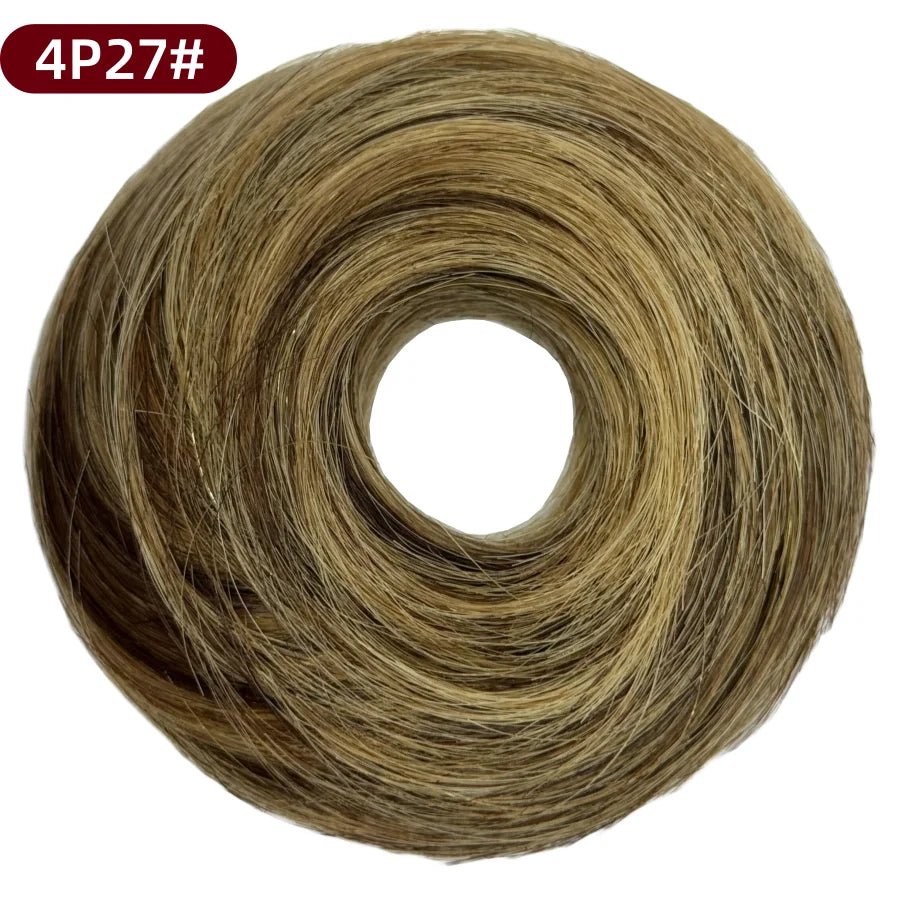 Messy Bun Hair Piece Human Hair Natural Black Wavy Tousled Stretchy Fluffy Donut Updo Elegant Chignon with Elastic Rubber Band