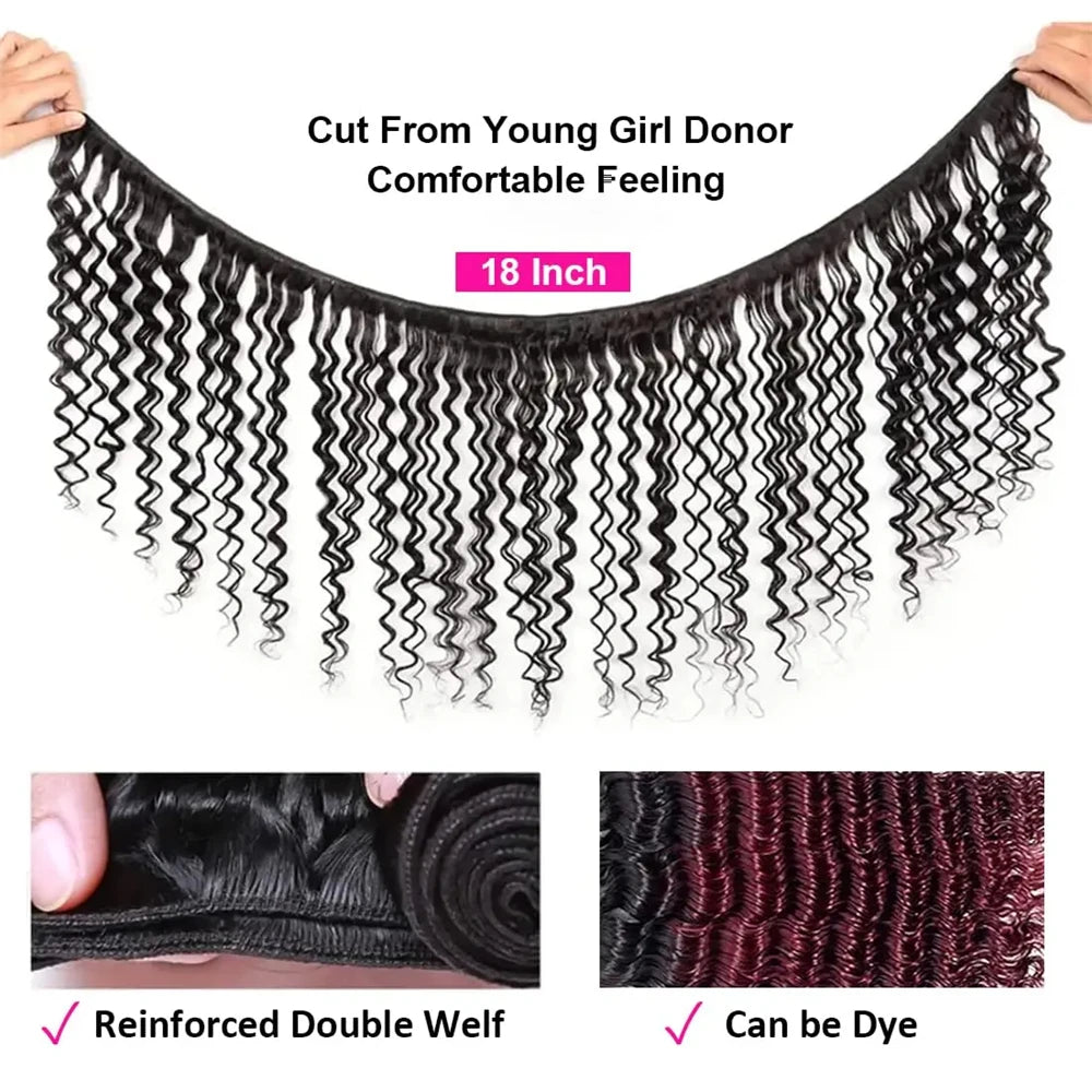 28 30 32 Inches Deep Wave Bundles With Frontal 13x4 HD Lace Brazilian Remy Hair Bundles for Black Women Lace Closure With Bundle